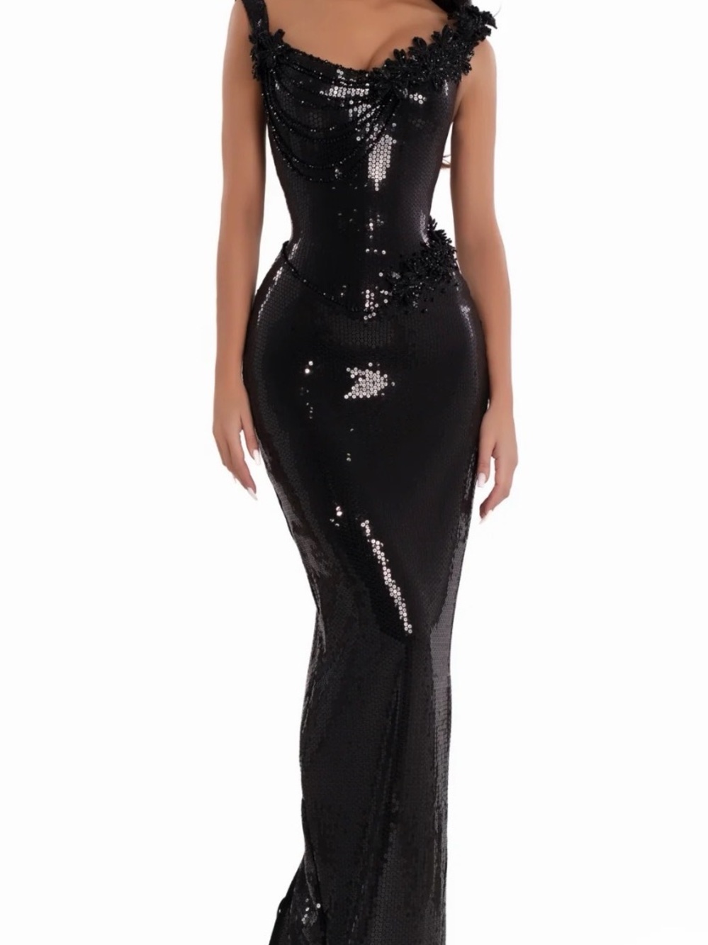 Albina Dyla Black Sequin Evening Gown with Beaded Detail